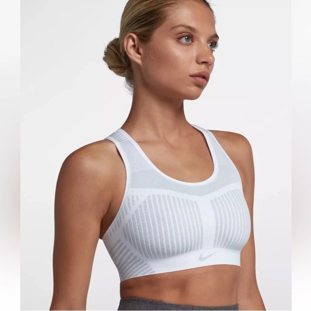 Nike FE/NOM Flyknit High-Support Non-Padded Sports Bra in white and grey